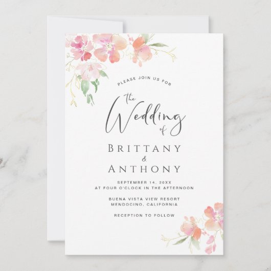 ピンクエレガントコーラルフローラウォーター結婚カラー 招待状 (正面)