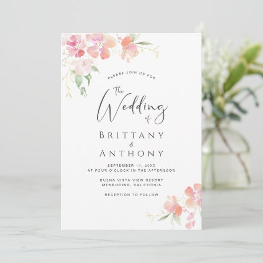 ピンクエレガントコーラルフローラウォーター結婚カラー 招待状 (スタンド正面)