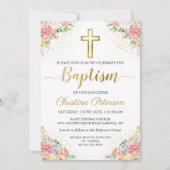 ピンクエレガントコーラルフローラ金ゴールドグリッターバプテスマ 招待状 (正面)