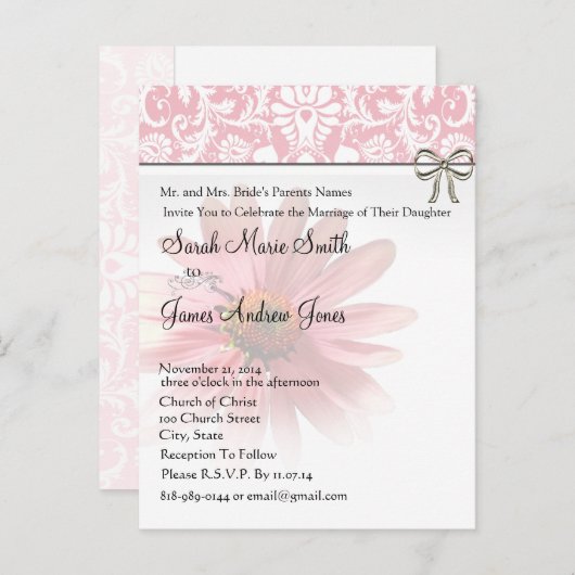 ピンクエレガントコーンフラワーウェディング招待状 インビテーションポストカード (正面/裏面)