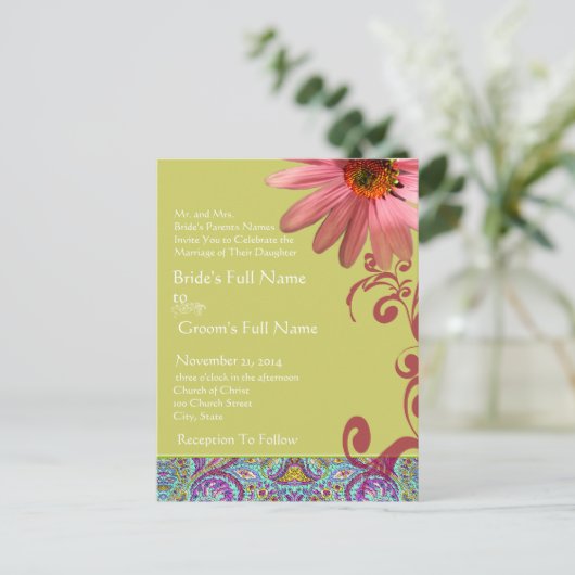ピンクエレガントコーンフラワーペイズリー結婚式招待状 インビテーションポストカード (スタンド正面)