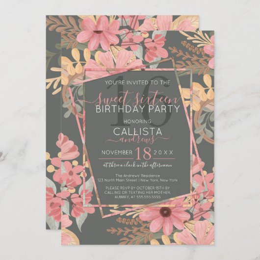 ピンクエレガントゴールデンセージの花離れの甘い16 招待状 (正面/裏面)