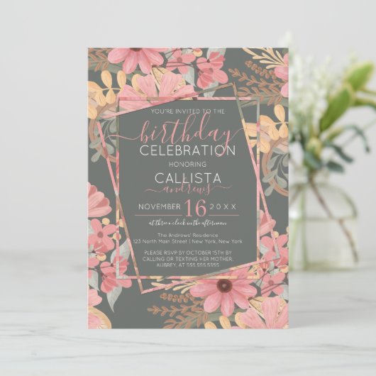 ピンクエレガントゴールデンセージ花離れ誕生日 招待状 (スタンド正面)