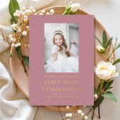 ピンクエレガントゴールド箔フォトガールファースト聖餐式 箔招待状