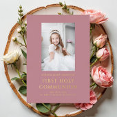 ピンクエレガントゴールド箔フォトガールファースト聖餐式 箔招待状