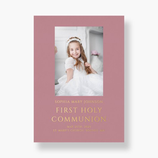 ピンクエレガントゴールド箔フォトガールファースト聖餐式 箔招待状