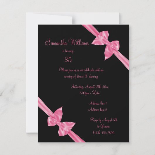 ピンクエレガントサテン弓35誕生日 招待状 (裏面)