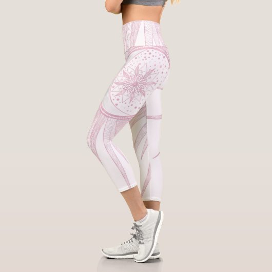 ピンクエレガントサンムーンドードルマンダラホワイトデザイン カプリレギンス (左)
