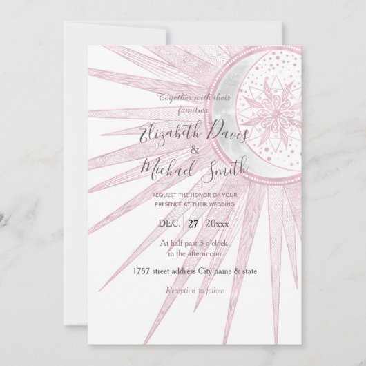 ピンクエレガントサンムーンドードルマンダラホワイトデザイン 招待状 (正面)