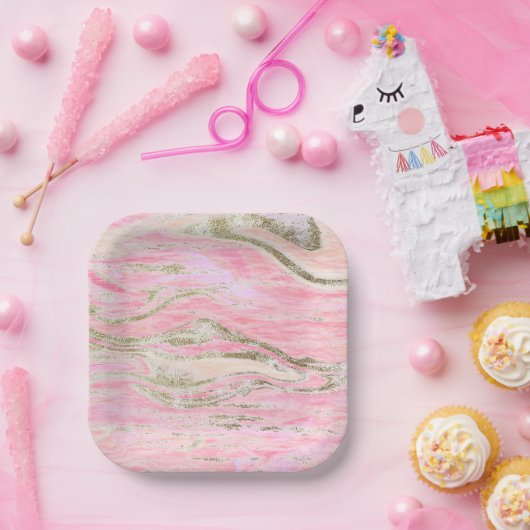 ピンクエレガントシルバーグリッター大理石パターン ペーパープレート (パーティー)