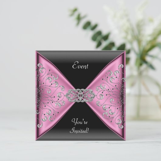 ピンクエレガントシルバーグレーブラックイベントパーティー 招待状 (スタンド正面)