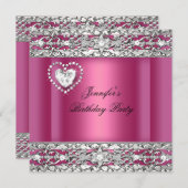 ピンクエレガントシルバーダイヤモンドバースデーパーティー 招待状 (正面/裏面)