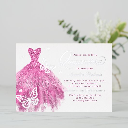 ピンクエレガントシルバーバタフライドレスキンセアニェラ 箔招待状 (立ち正面)