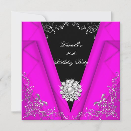 ピンクエレガントシルバーブラック誕生日30日 招待状 (正面)