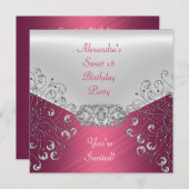 ピンクエレガントシルバーホワイト甘い16パーティー 招待状 (正面/裏面)