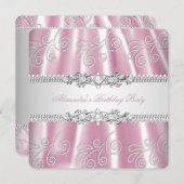 ピンクエレガントシルバーレースダイヤモンドオーバーレイパーティー 招待状 (正面/裏面)