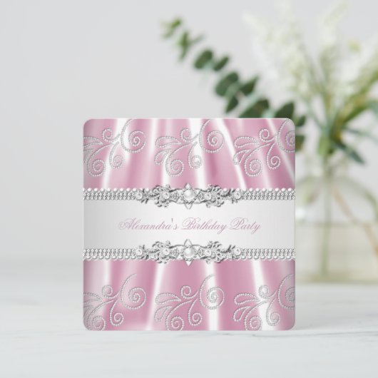 ピンクエレガントシルバーレースダイヤモンドオーバーレイパーティー 招待状 (スタンド正面)
