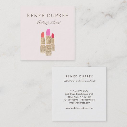 ピンクエレガントシークイン口紅メイクアップアーティスト美しい スクエア名刺 (正面/裏面)