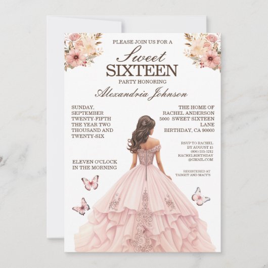 ピンクエレガントスウィート16ドレファンシース招待状 招待状 (正面)
