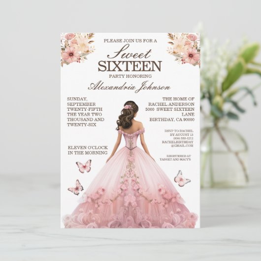 ピンクエレガントスウィート16ドレファンシース招待状 招待状 (スタンド正面)