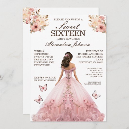 ピンクエレガントスウィート16ドレファンシース招待状 招待状 (正面/裏面)