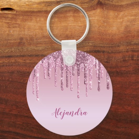 ピンクエレガントスタイリッシュローズ金ゴールドグリッター キーホルダー (正面)