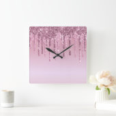 ピンクエレガントスタイリッシュローズ金ゴールドグリッター スクエア壁時計 (ホーム)