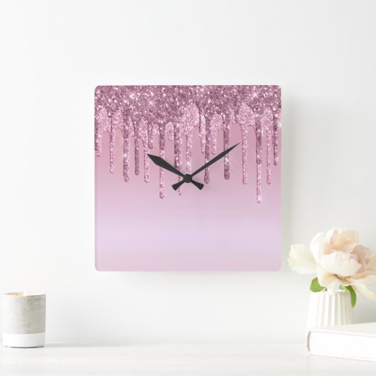 ピンクエレガントスタイリッシュローズ金ゴールドグリッター スクエア壁時計 (ホーム)
