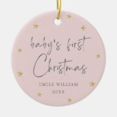 ピンクエレガントスターフォトベビーの最初のクリスマス セラミックオーナメント (正面)