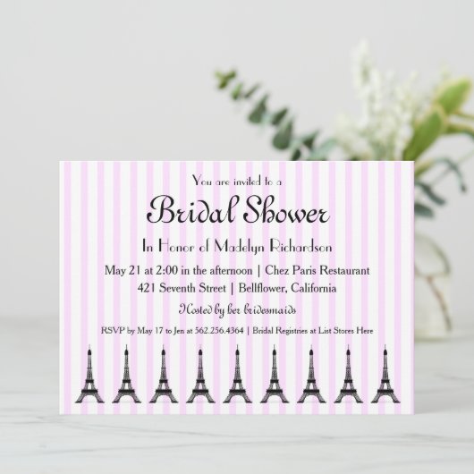 ピンクエレガントストライプテーマブライダルシャワー 招待状 (スタンド正面)