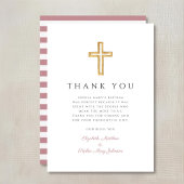 ピンクエレガントストライプ色の宗教十字女のバプテスマ サンキューカード