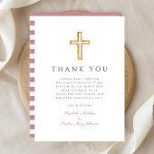 ピンクエレガントストライプ色の宗教十字女のバプテスマ サンキューカード