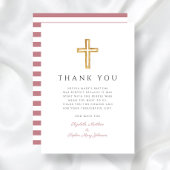 ピンクエレガントストライプ色の宗教十字女のバプテスマ サンキューカード