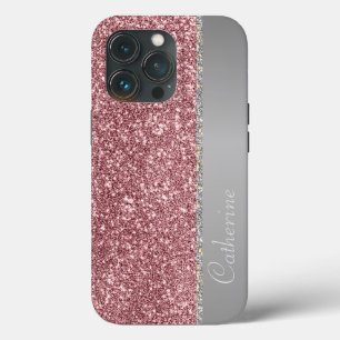 ピンクエレガントストリップグリッターカスタムのパーソナライズ名 iPhone 13 PROケース