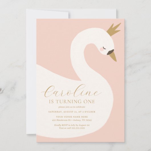 ピンクエレガントスワン誕生日 招待状 (正面)