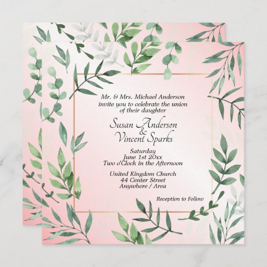 ピンクエレガントズの動植物のTouch結婚 招待状 (正面/裏面)