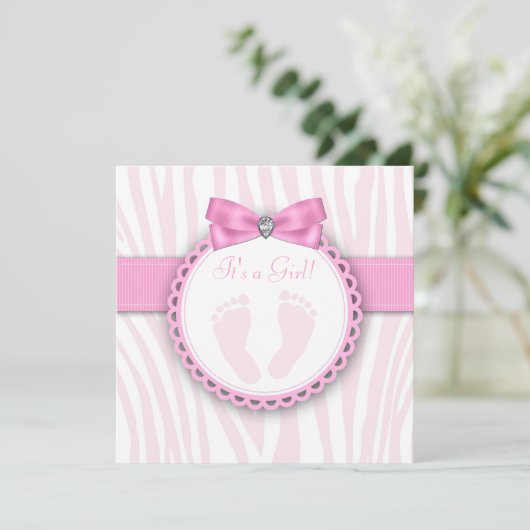 ピンクエレガントゼブラピンクの足跡ベビーシャワー 招待状 (スタンド正面)