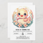 ピンクエレガントダック誕生日 招待状 (正面/裏面)