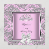 ピンクエレガントダマスクシルバーバースデーパーティー 招待状 (正面/裏面)