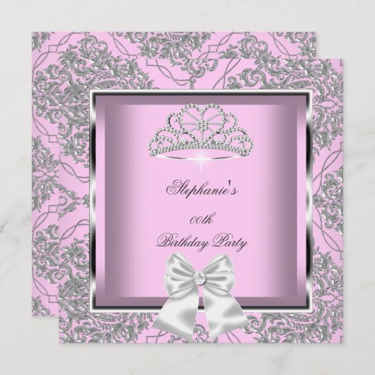 ピンクエレガントダマスクシルバーバースデーパーティー 招待状 (正面/裏面)