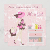 ピンクエレガントダマスクベビーシャワー招待状 招待状 (正面/裏面)