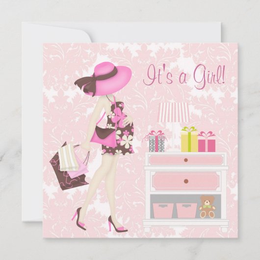 ピンクエレガントダマスクベビーシャワー招待状 招待状 (正面)