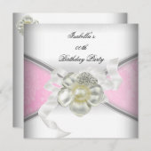 ピンクエレガントダマスクホワイトパール誕生日パーティー 招待状 (正面/裏面)