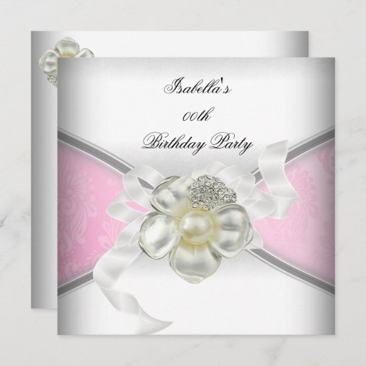 ピンクエレガントダマスクホワイトパール誕生日パーティー 招待状 (正面/裏面)
