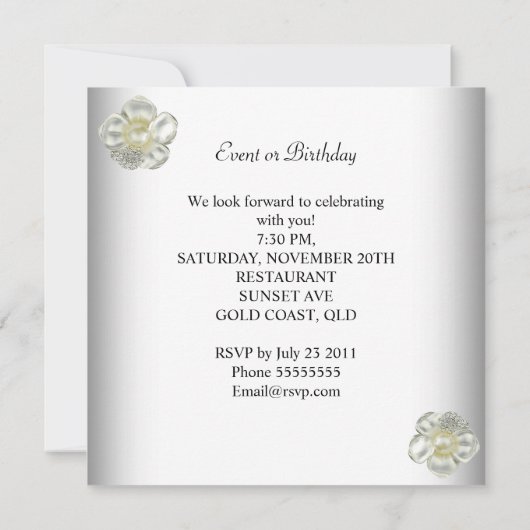 ピンクエレガントダマスクホワイトパール誕生日パーティー 招待状 (裏面)