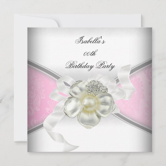 ピンクエレガントダマスクホワイトパール誕生日パーティー 招待状 (正面)