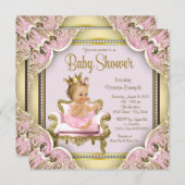 ピンクエレガントチェア真珠ピンク金ゴールド赤ちゃんシャワー 招待状 (正面/裏面)