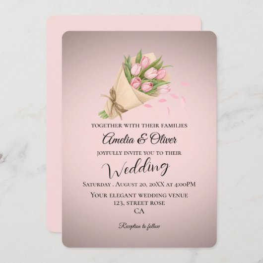 ピンクエレガントチューリップ結婚ブーケ 招待状 (正面/裏面)