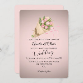 ピンクエレガントチューリップ結婚ブーケ 招待状
