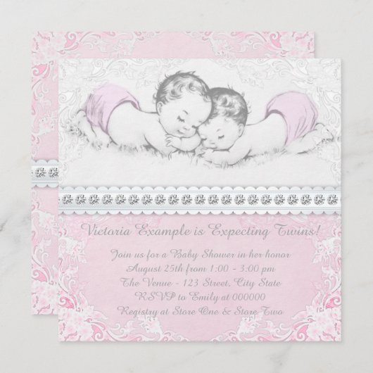ピンクエレガントツイン女子ベビーシャワー 招待状 (正面/裏面)